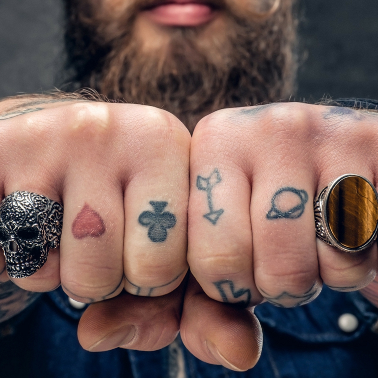 Tatuaggi scritte, dita uomo con tattoo, disegno tatuaggi simboli, uomo con la barba lunga