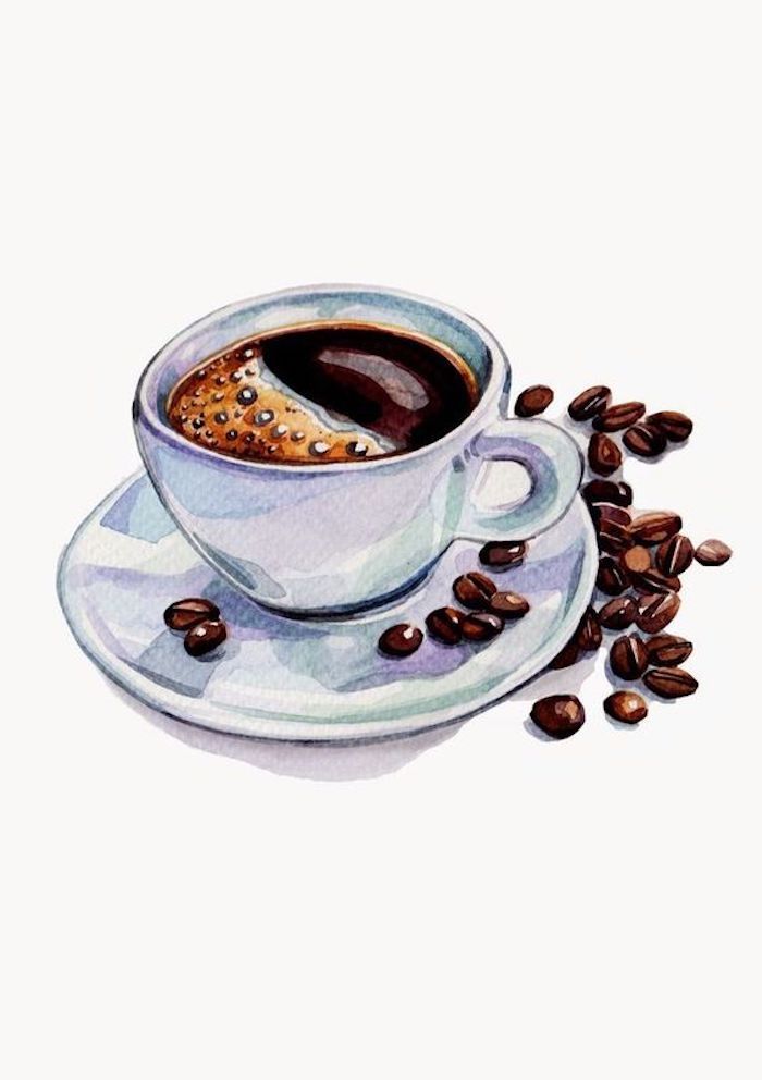 Tazzina di caffè, chicchi di caffè, disegno con acquarelli, disegni facili e belli