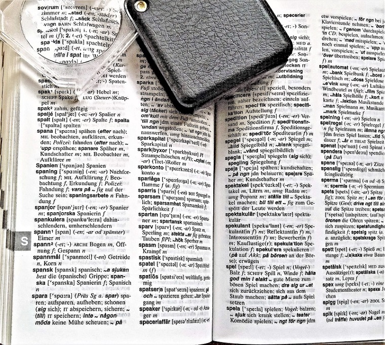 Pagina di un dizionario, lente di ingrandimento, tradurre le parole