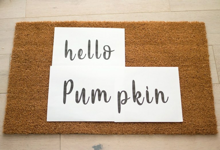 Lavoretti creativi autunno, zerbino di colore marrone, scritta in inglese, Hello pumpkin