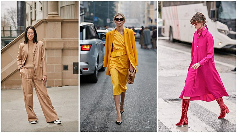 Tonal vestiti donna, abbigliamento autunnale 2019, abito colore giallo, pantalone e giacca marroni
