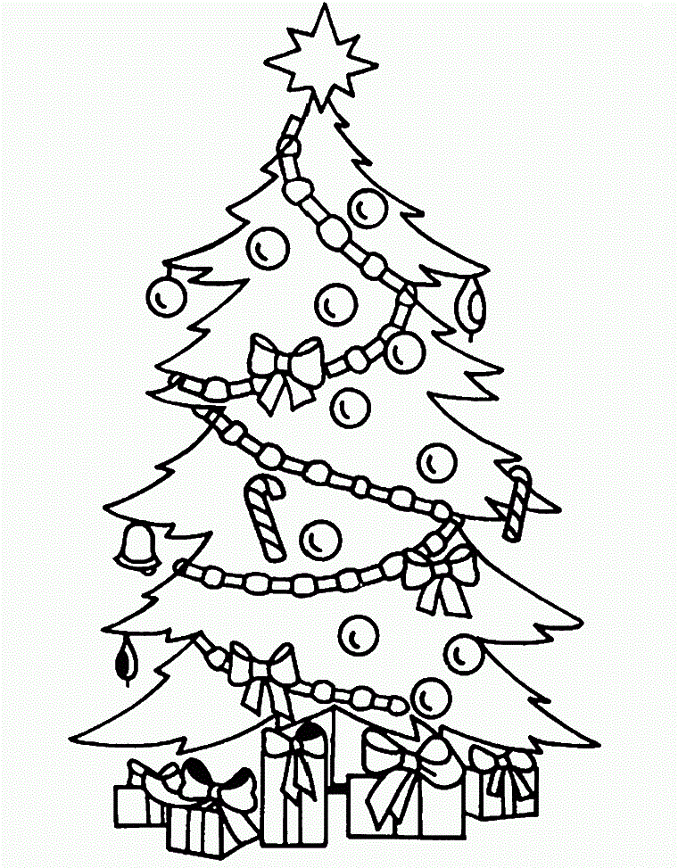 Schizzo con ornamenti, albero di natale con stella in cima, immagini natalizie da colorare