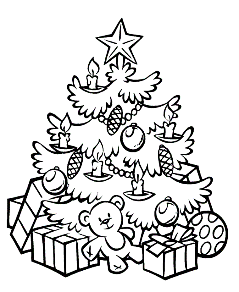 Albero di Natale con decorazioni, disegni natalizi per bambini, albero con palline e pigne