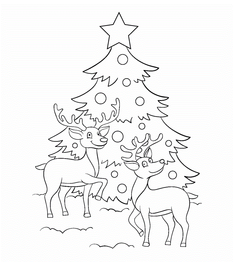 Schizzo di renne natalizie, disegni natalizi per bambini, albero di natale con stella in cima