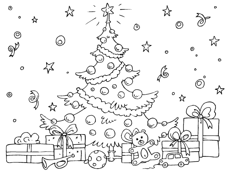 Immagini natalizie da colorare, albero con addobbi, regali incartati da colorare