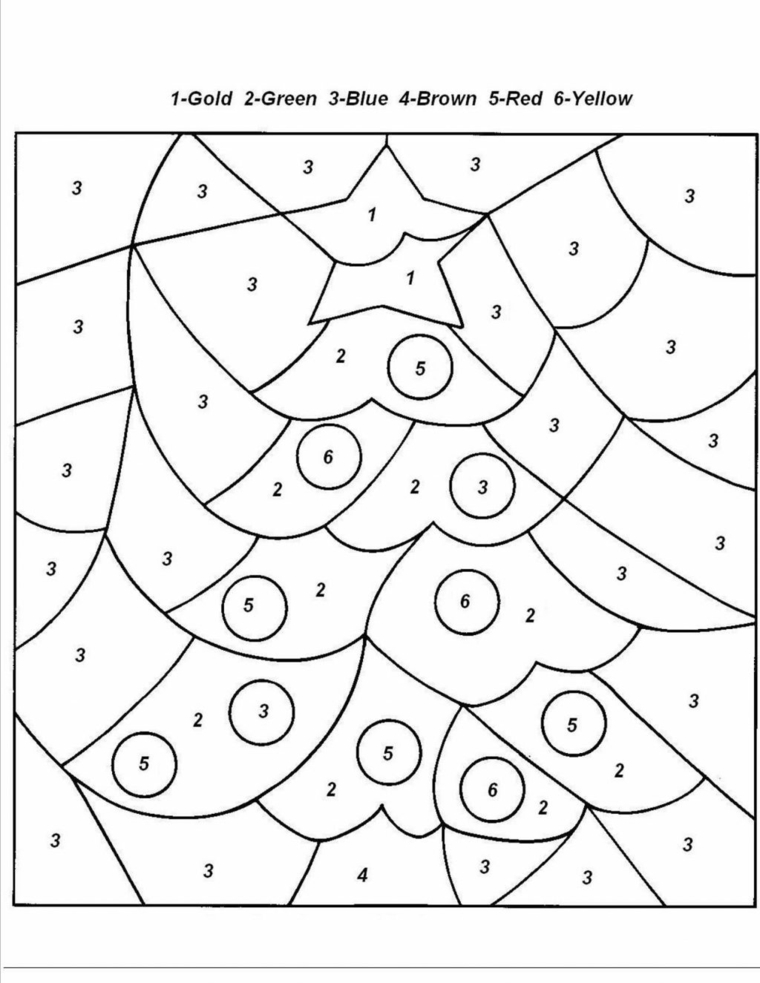 Colorare con i numeri, figura di un albero natalizio, disegni da ricopiare facili