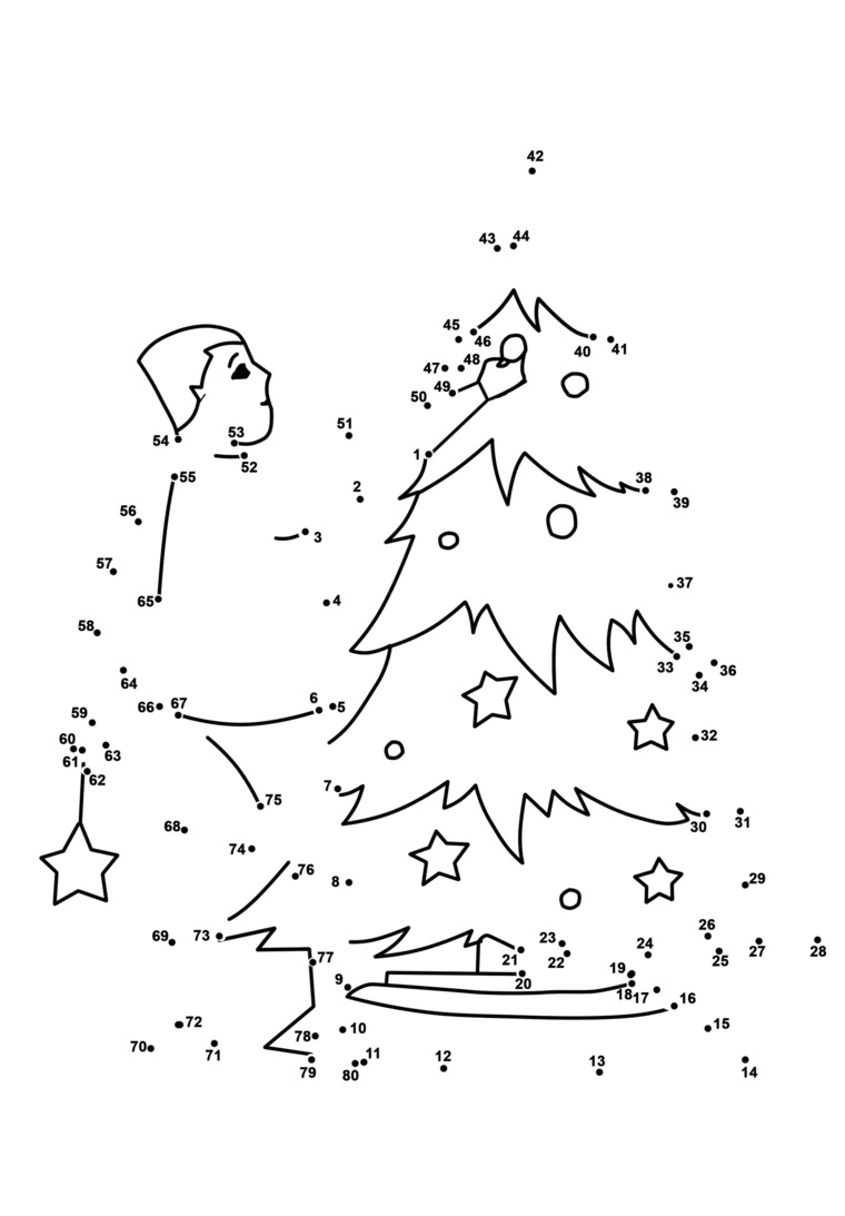 Disegno con unire i punti, figura di un albero natalizio, disegni di Natale da ritagliare