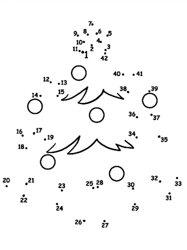 Figura di un albero con i numeri, disegno unisci i punti, immagini natalizie da colorare