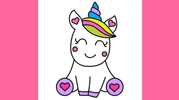 Disegno kawaii di un unicorno, come disegnare un unicorno, sfondo immagine colore rosa