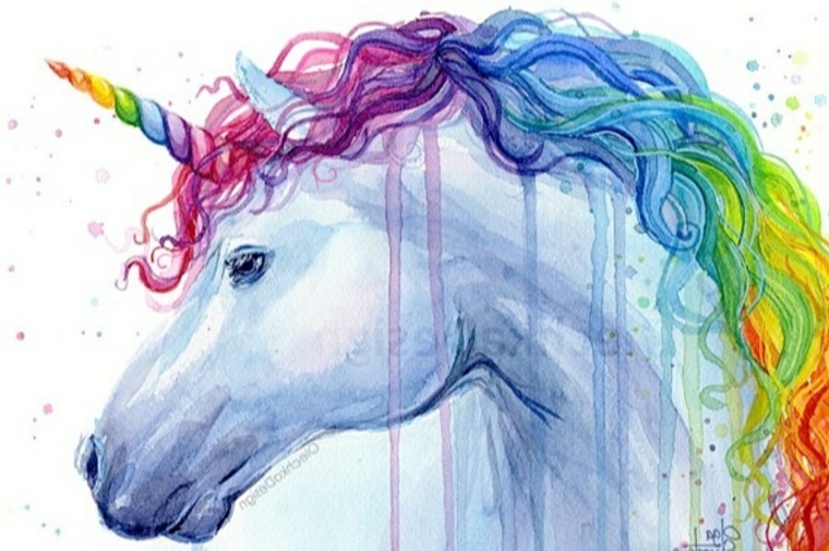 Unicorni da disegnare, disegno con la tecnica ad acquarello, disegno di un unicorno