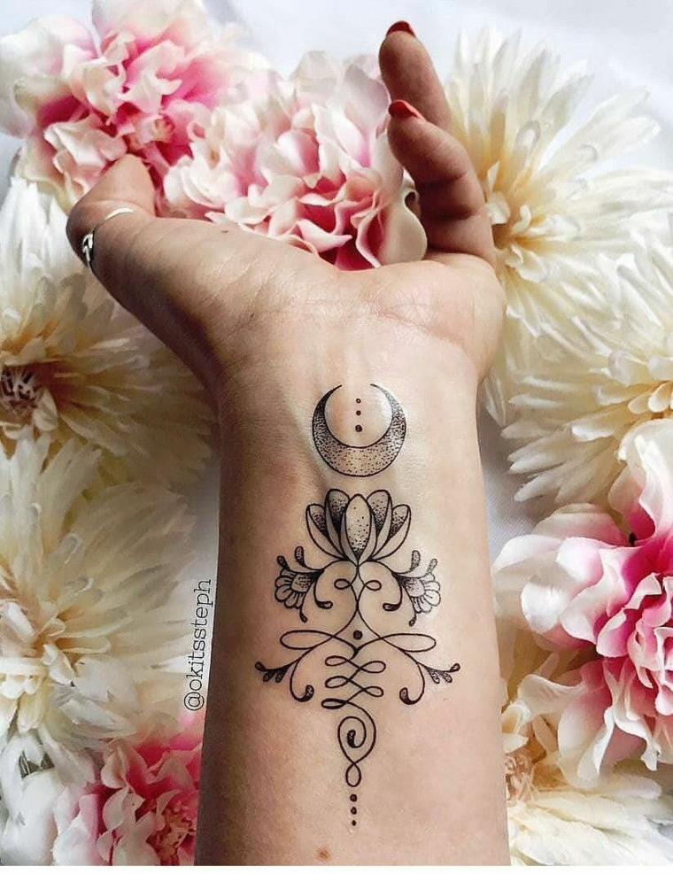 Tatuaggi e significati, tattoo sul polso della mano, tatuaggio con motivi mandala e fiore di loto