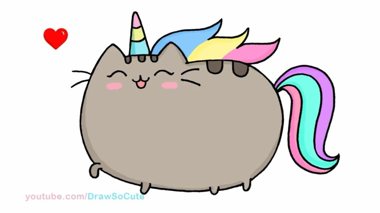 Unicorno significato, disegno di un gatto kawaii unicorno, criniera e coda colorata