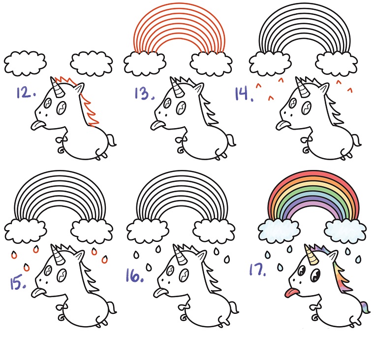 Come disegnare un unicorno, tutorial con passaggi, disegno di unicorno e arcobaleno