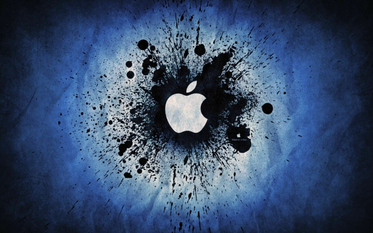 Il logo di apple, disegno grafico di una mela, immagine con sfondo di colore blu