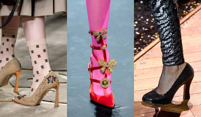 Scarpe inverno 2020, tre modelli di scarpe con tacco, scarpe rosse con applicazioni gioielli 