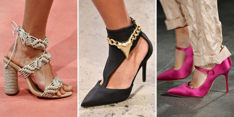 Scarpe moda 2020, tre modelli di scarpe estive con tacco, scarpa con tacco e catene