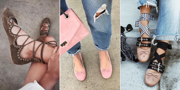 Scarpe moda 2020, tre modelli di ballerine con lacci, borsetta rosa di velluto
