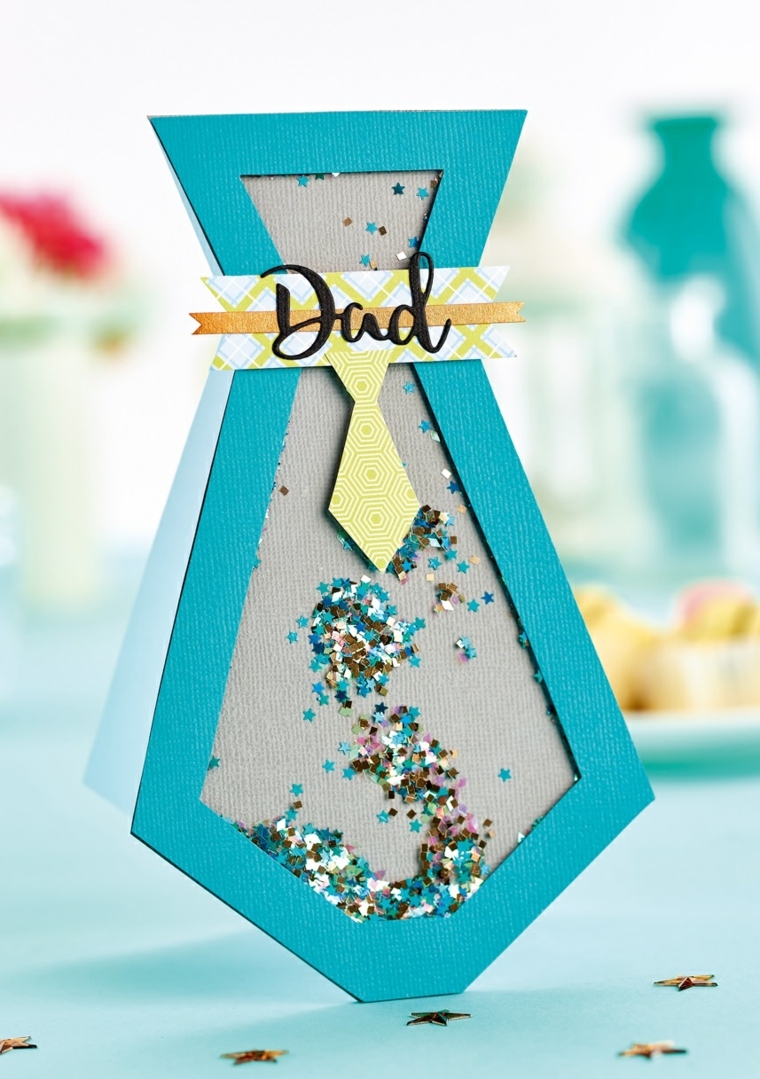 Lavoretti festa del papà, cartolina forma cravatta di fogli blu e brillantini glitterati 
