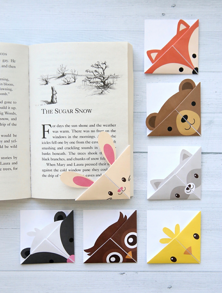 Libro per bambini con segnalibro, origami segnalibro con animali della foresta