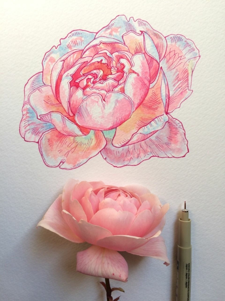 Disegno colorato di una rosa con petali di colore rosa, fiori da colorare per adulti