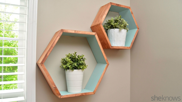 Mensole di legno dalla forma esagono di legno, vasi con piante foglia verde