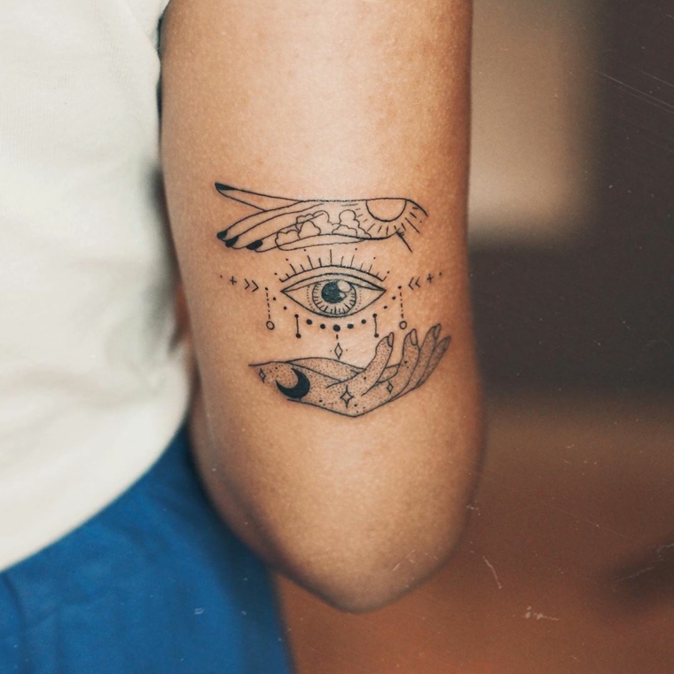 Tatuaggio occhio, donna con un tatuaggio sul braccio disegno mani e occhio