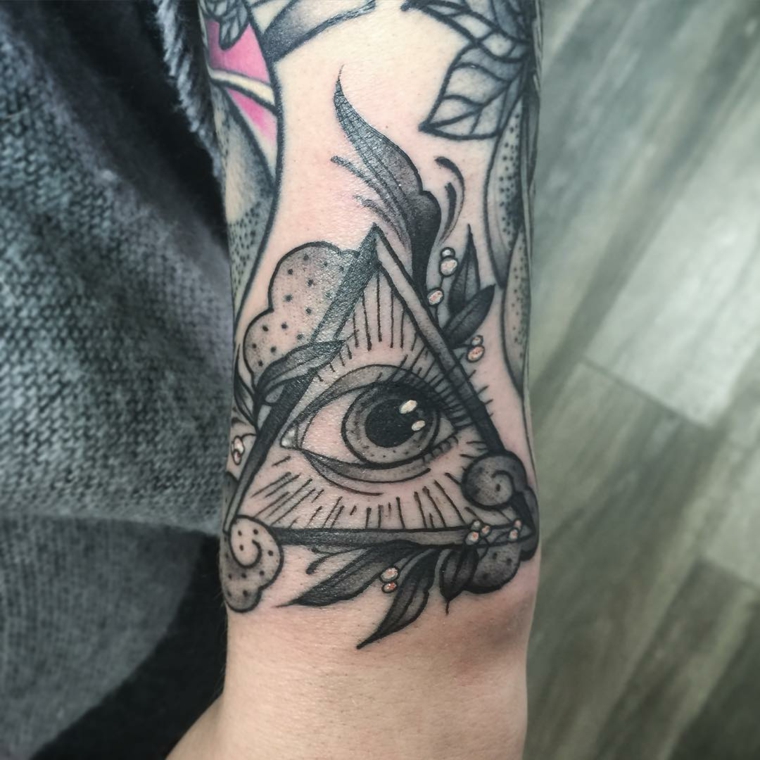 Tatuaggio illuminati, tatuaggio sul braccio di un uomo con disegno occhio in un triangolo