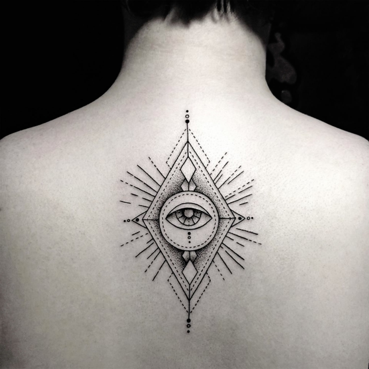Donna con un tatuaggio sulla schiena, Occhio di ra significato, disegno tattoo occhio in un cerchio