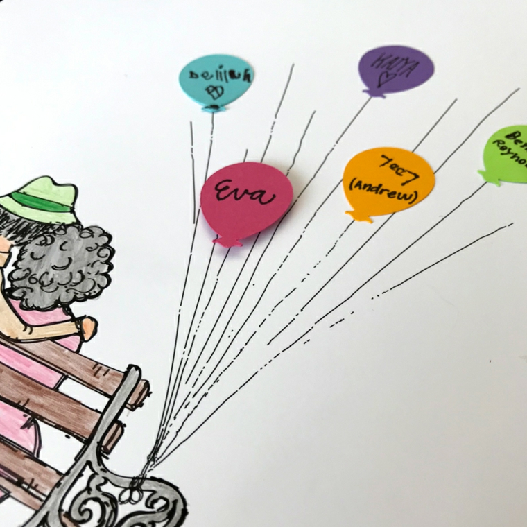 Biglietto festa dei nonni, disegno con matite colorate e palloncini con scritte