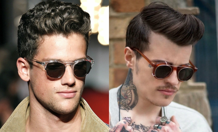 Taglio capelli ragazzo 2020, uomo con acconciatura capelli corti ai lati, collage due foto di uomini