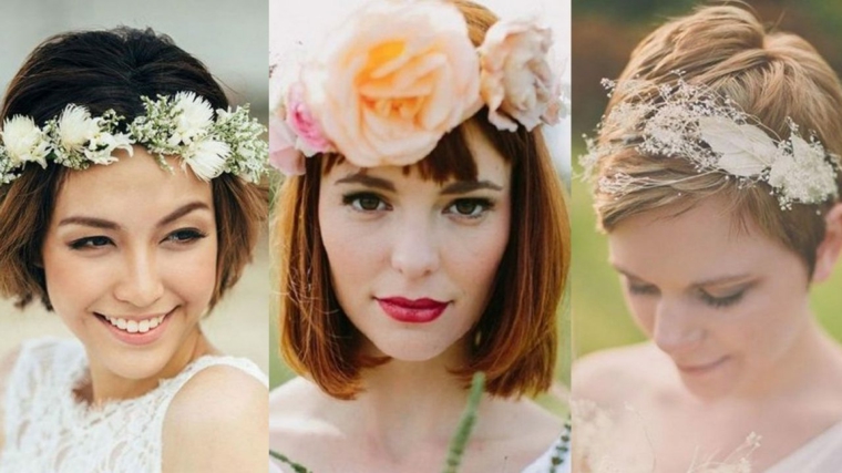 Come acconciare i capelli corti, tre donne con corona di fiori in testa