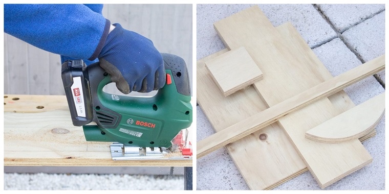 Cosa costruire con il legno, uomo che taglia un pannello di legno con seghetto alternativo