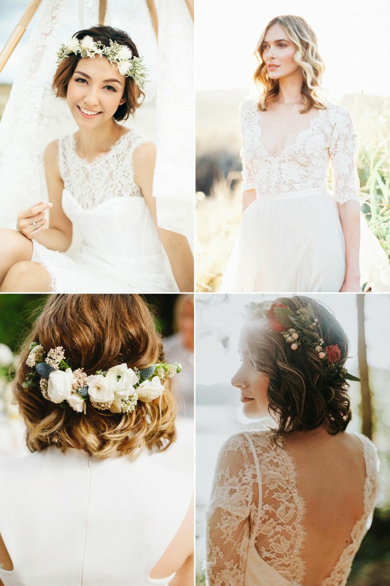 Acconciature da sposa per dei capelli taglio caschetto, decorazione capelli corona di fiori