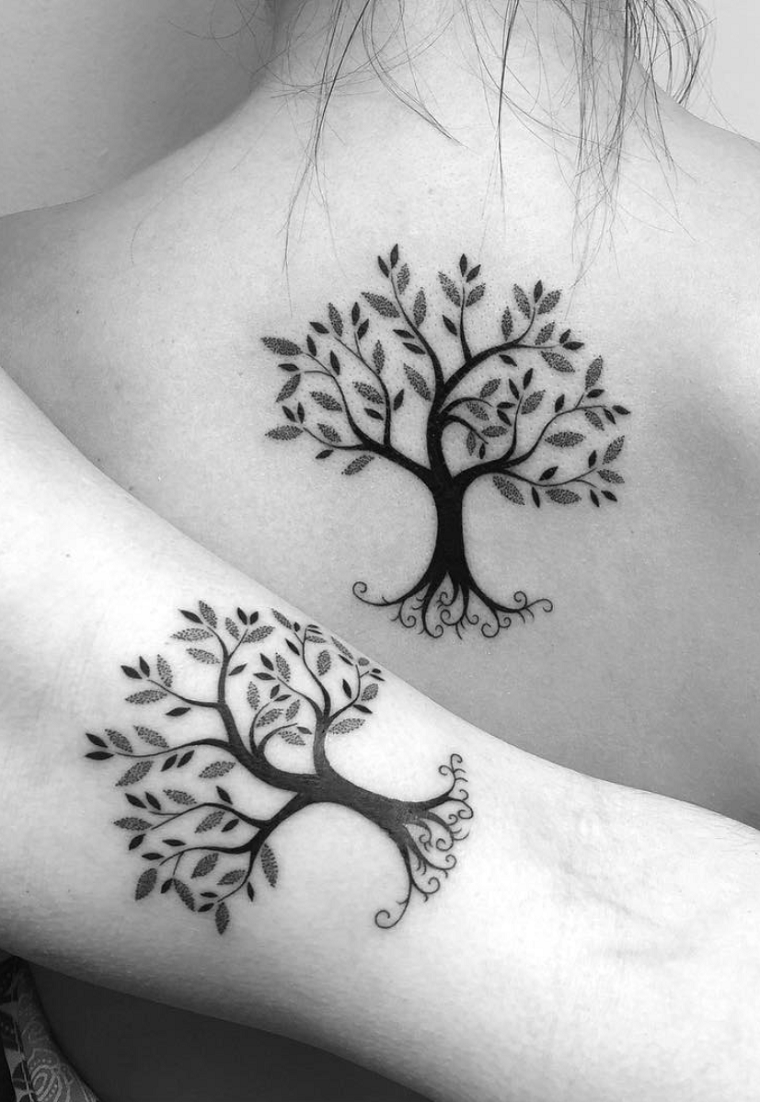 simbolo albero della vita disegno rami foglie radici braccio tattoo schiena donna