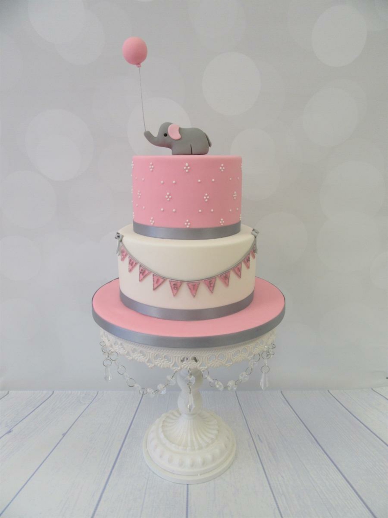 torta battesimo pasta di zucchero due piani rosa bianco topper decorazione elefante palloncino