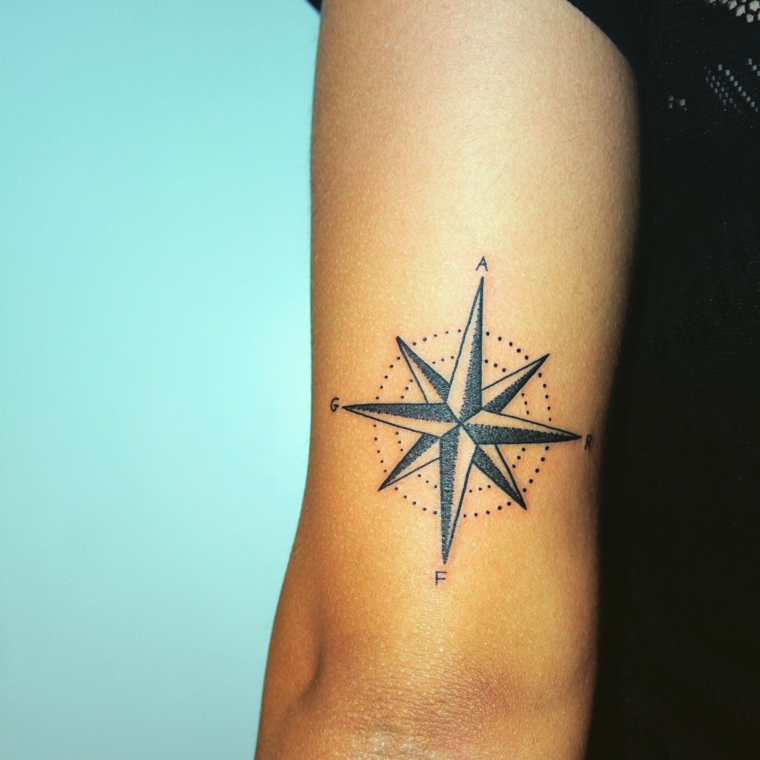 bussola rosa dei venti braccio donna disegno tattoo stella cerchio puntini direzioni