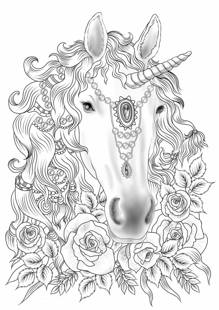 cavallo corno gioielli pietre disegno unicorno da colorare per adulti fiori rose