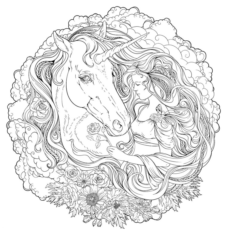 cornice fiori petali cavallo corno immagini da colorare unicorno per adulti