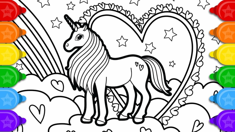 disegni da colorare unicorno cavallo corno cuore stelle pennarelli colorati bambini