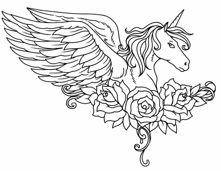 disegni di unicorni facili da disegnare cavallo alato ali fiori rose petali pagina da colorare