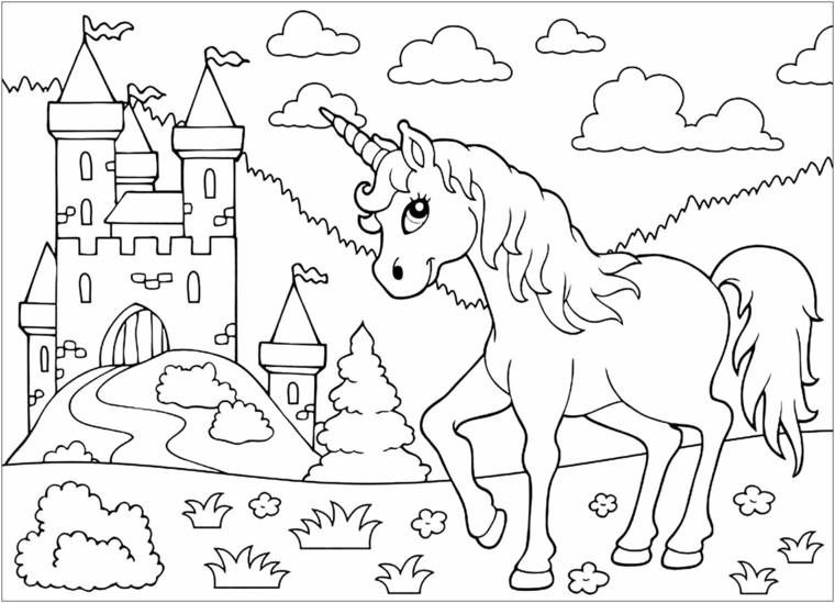 disegni per bambini unicorno castello cavallo nuvole erba collina disegno stampare