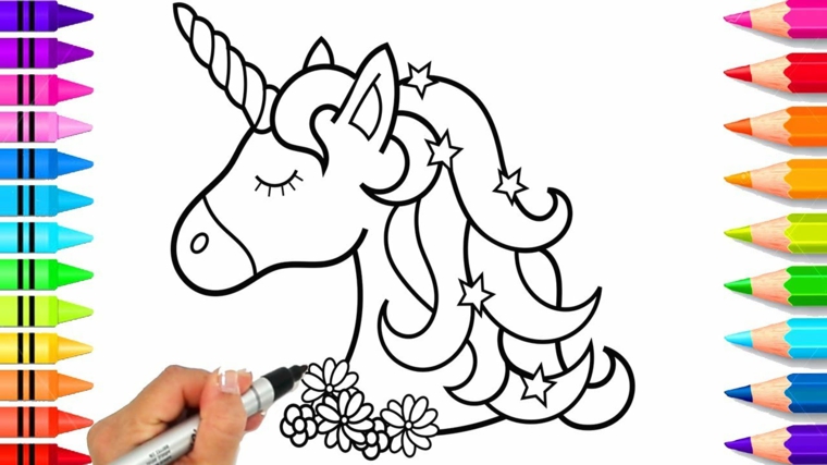 immagini di unicorni da colorare viso muso corno fiori matite colorate per bambini
