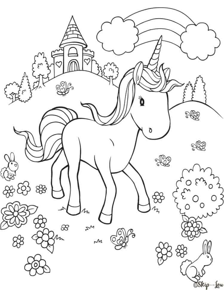 immagini di unicorni da disegnare castello arcobaleno fiori pagina da colorare per bambini