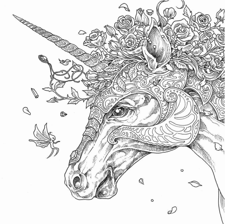pagina da colorare per adulti immagini di unicorni da disegnare fiori rose petali foglie