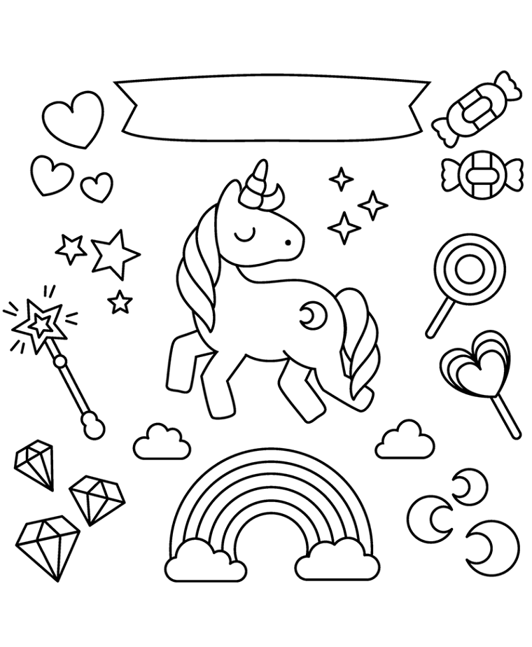 ponny disegni kawaii da colorare unicorni arcobaleno diamanti stelle cuorei caramelle