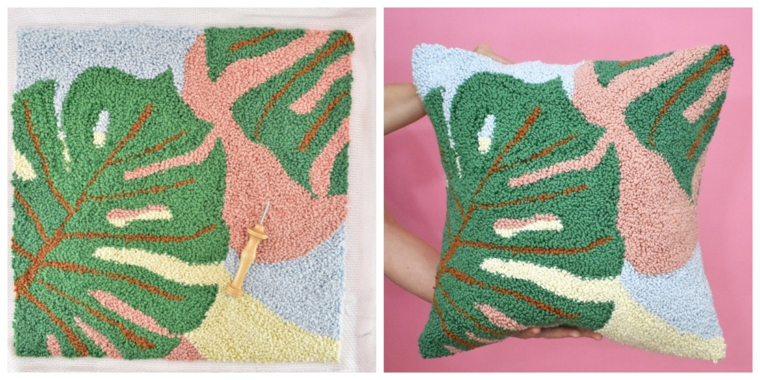 tutorial cuscini fai da te shabby chic disegno foglia verde cuciture fili verdi