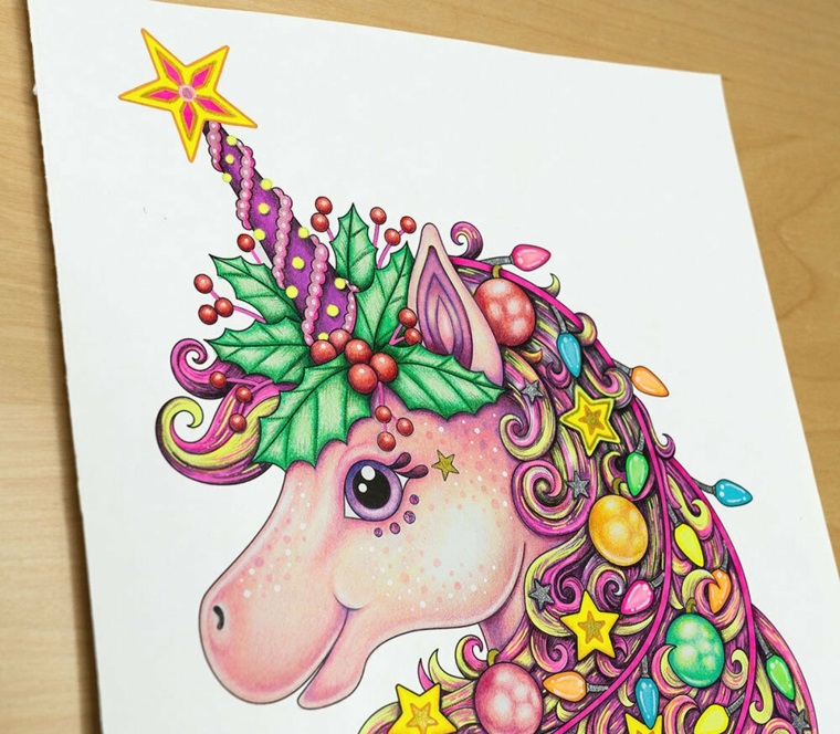 unicorno da colorare animale corno stella natale ornamenti stelle palline occhi muso