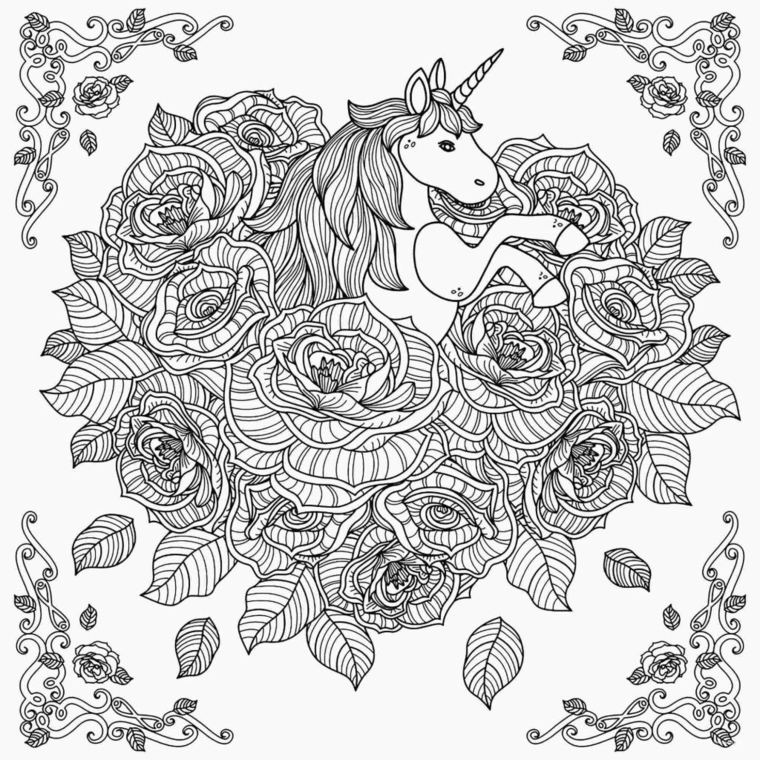 unicorno disegno da colorare per adulti rose fiori petali cornice cavallo alato