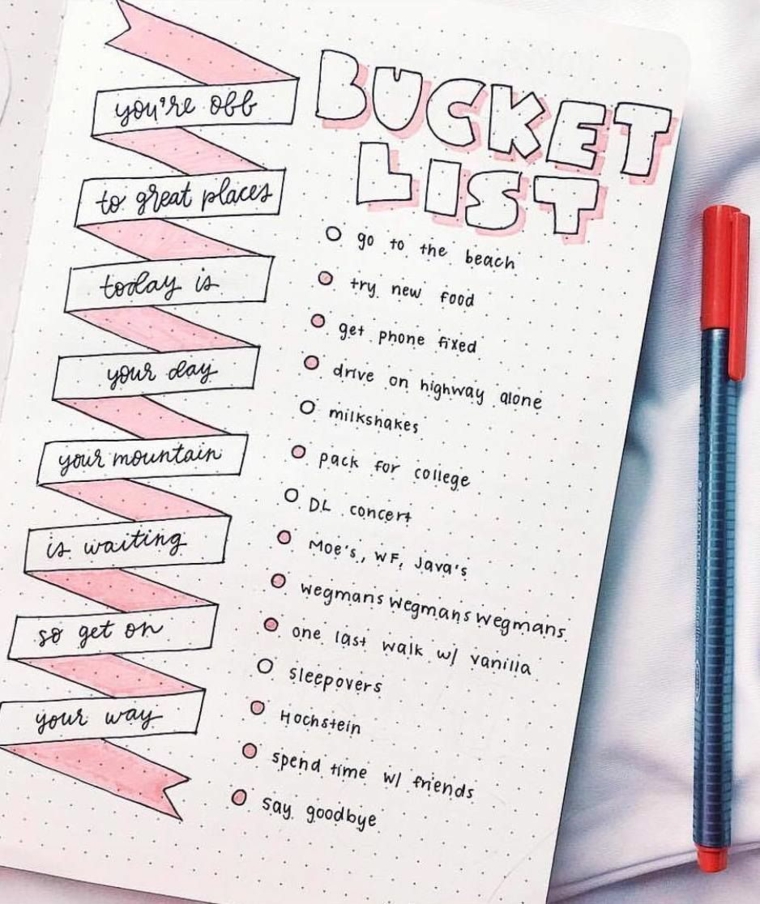 bucket list foglio quaderno a puntini pennarello penna rossa disegno scritte