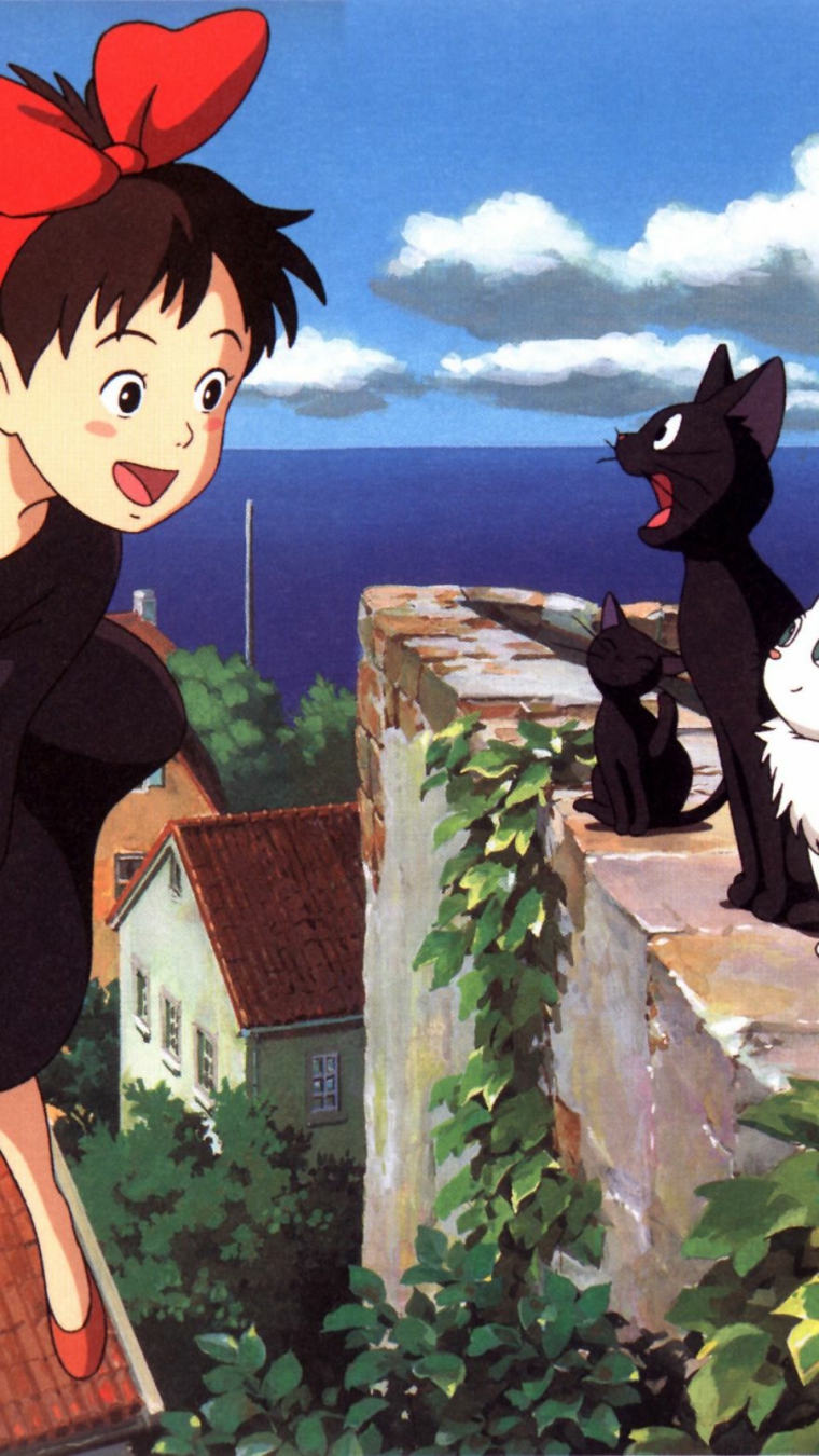 miyazaki anime wallpaper ragazzina che parla con gatto nero per bambini